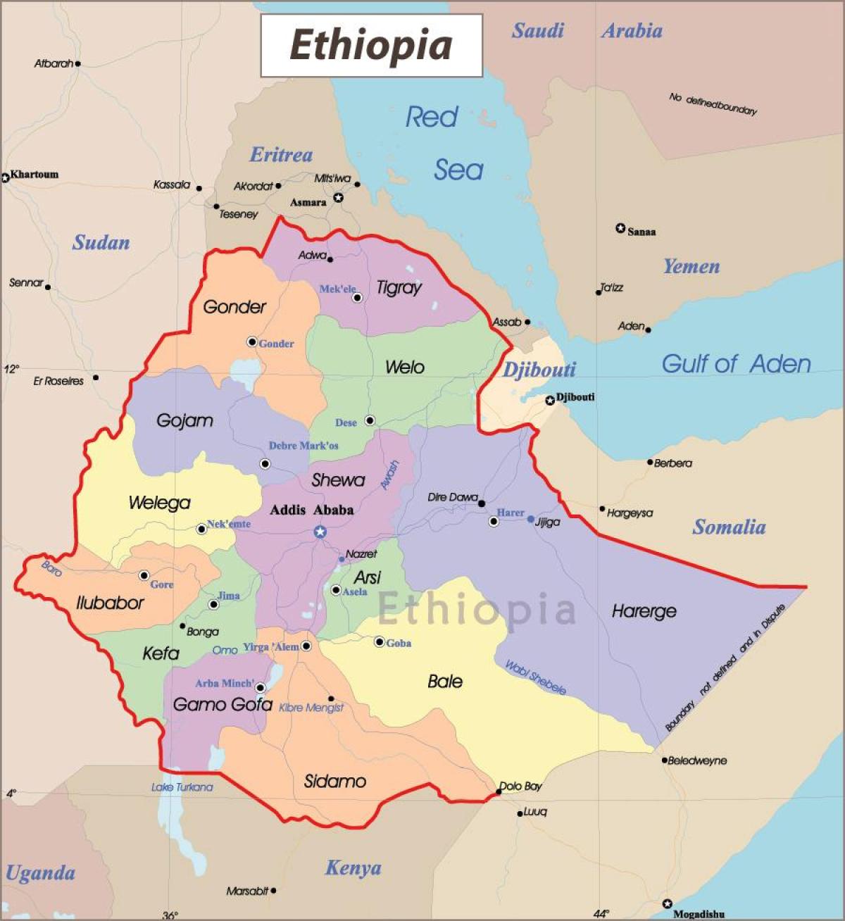 Etiopien kort med byer