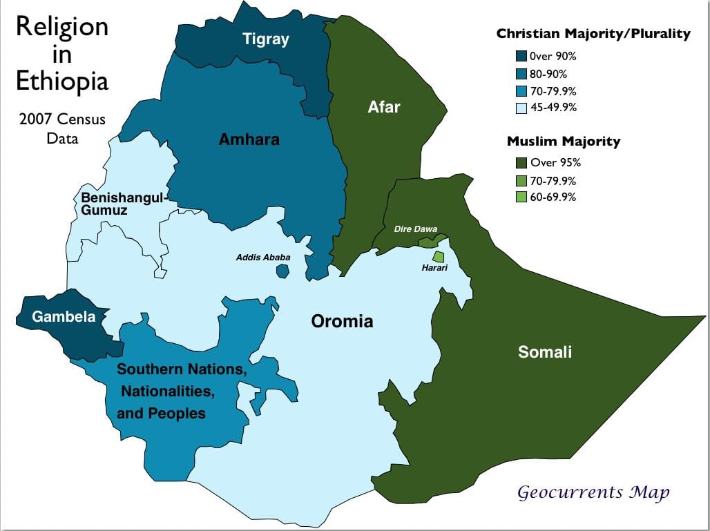 kort over Etiopien religion