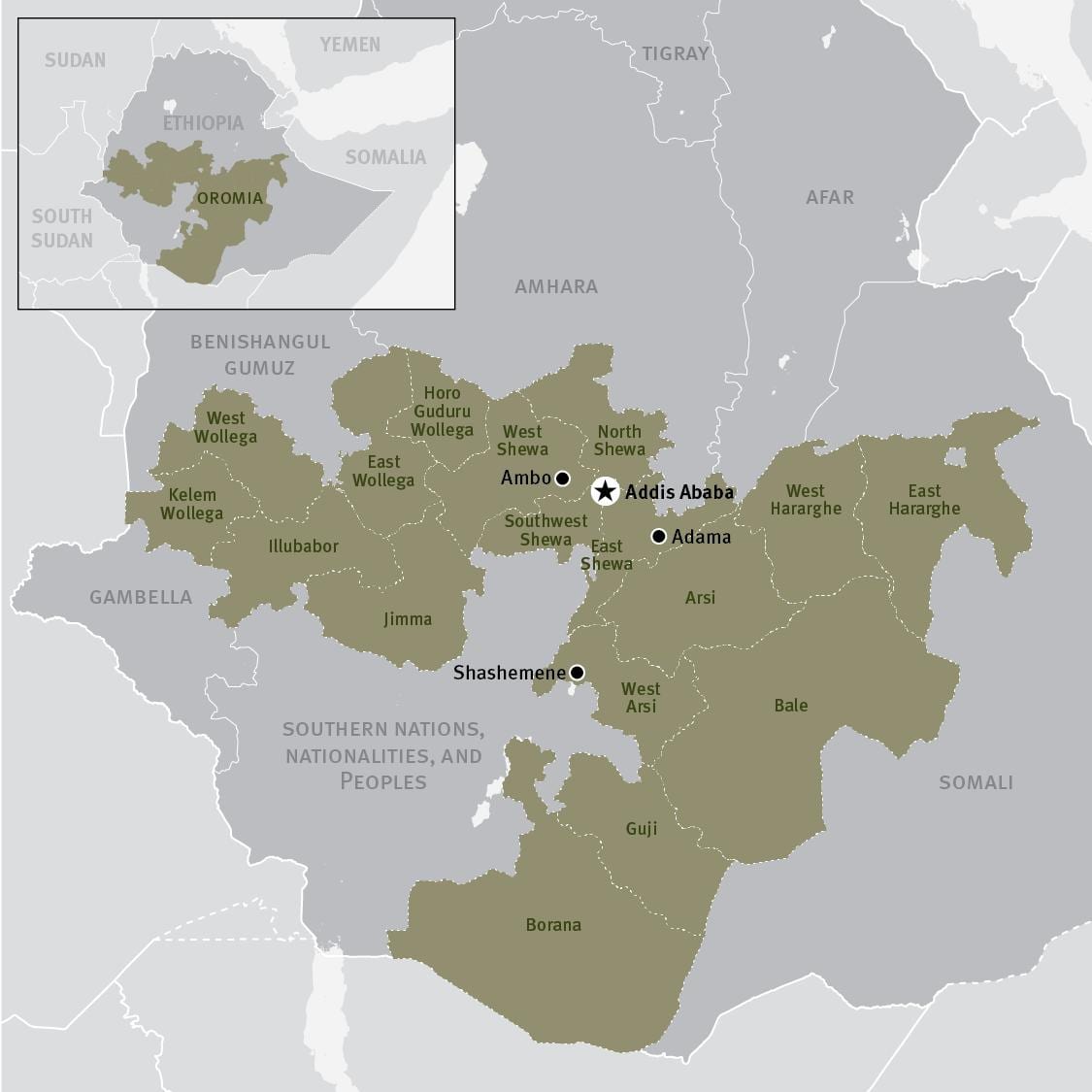 kort over oromia regionen i Etiopien